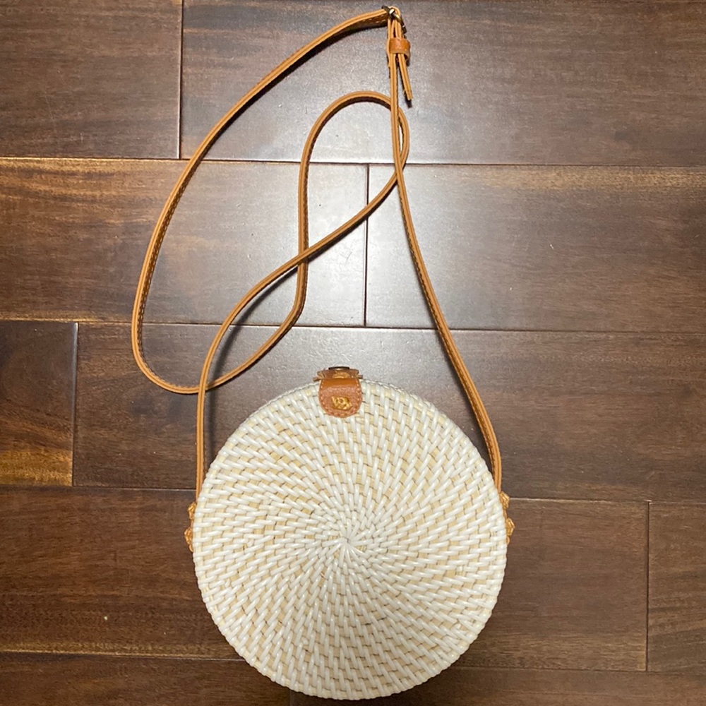 White Whicker Purse (Brown Leather Strap)